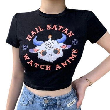 Hail Satan, Watch Anime Cartoon Goat Pentagram Cropped Top: A Cute and Evil Way to Express Yourself from NSE Imports #2.
